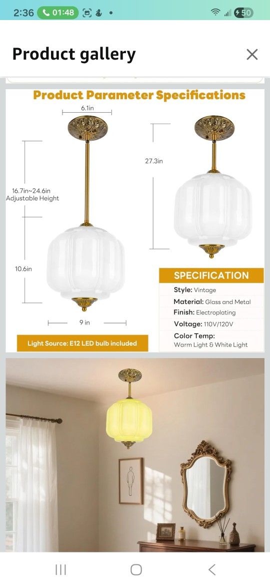 9in White Milk Glass Ceiling Light Fixture, LED Bulb Included, Vintage Semi Flush Mount Pendant Light Antique Brass Mid Century Art Deco Chandelier fo