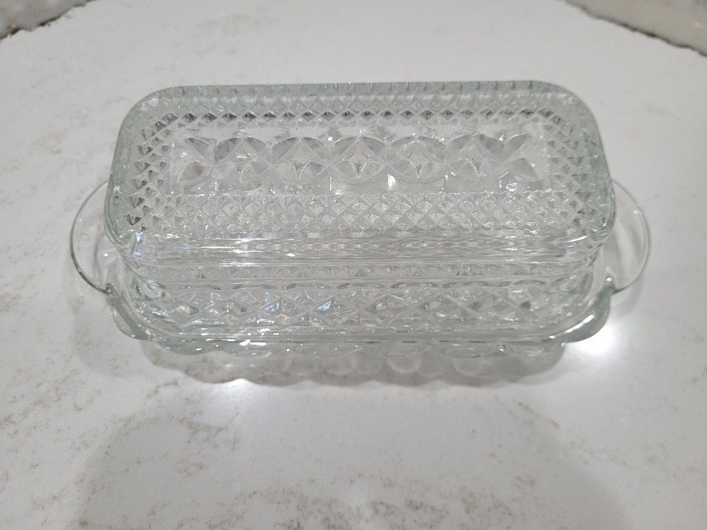 Vintage Anchor Hocking Wexford Clear Glass Butter Dish and Lid Diamond Cut Glass
