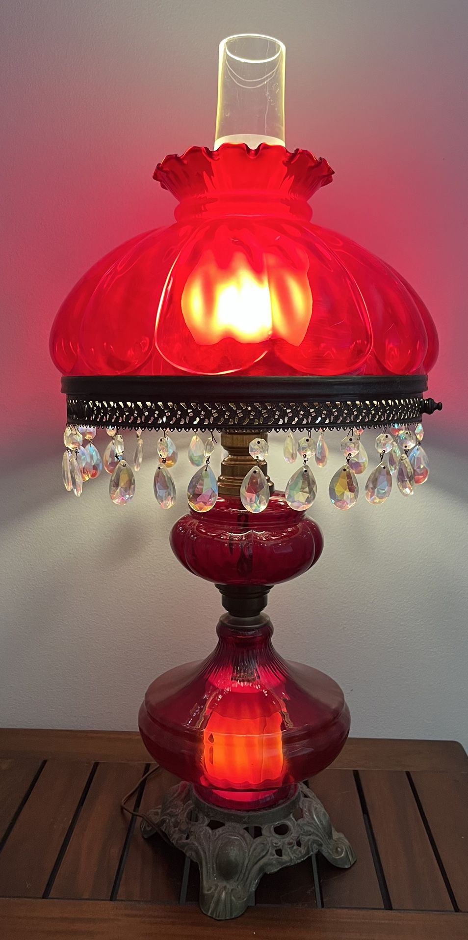 Antique Victorian Ruby Red Budoir Glass Hurricane Lamp Crystals 3 Way Lighting