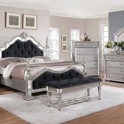 Glam Black Silver & Mirror C.King Bedroom Set 4Pcs (Mattress Not Included) (Bench And Chest Not Included)