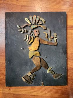 Vintage Mexican Turquoise Inlay Copper Brass Wall Art Plaque Aztec Warrior