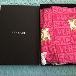 Versace Hot Pink Logo Robe with Gold Baroque Trim