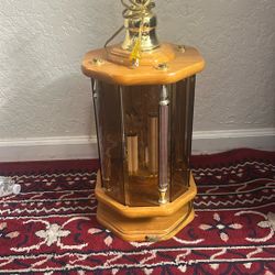 Vintage Oak Table Lamp With Brass Accents and Pleated Shade