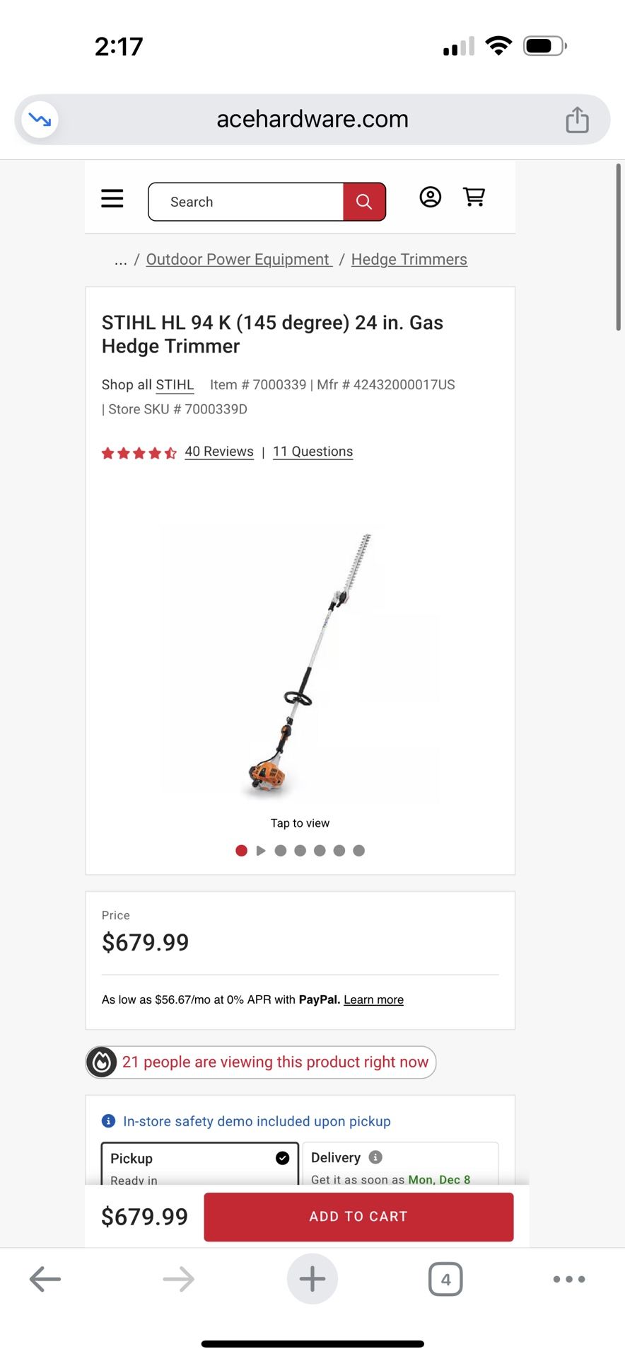 Stihl Adjustable HL 94 145 Degrees 24 Inch Hedger Trimmer