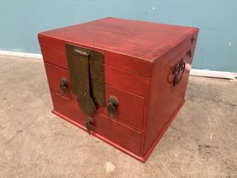 Antique Red Chinoserie 4 Compartment Chest with Brass Hardware