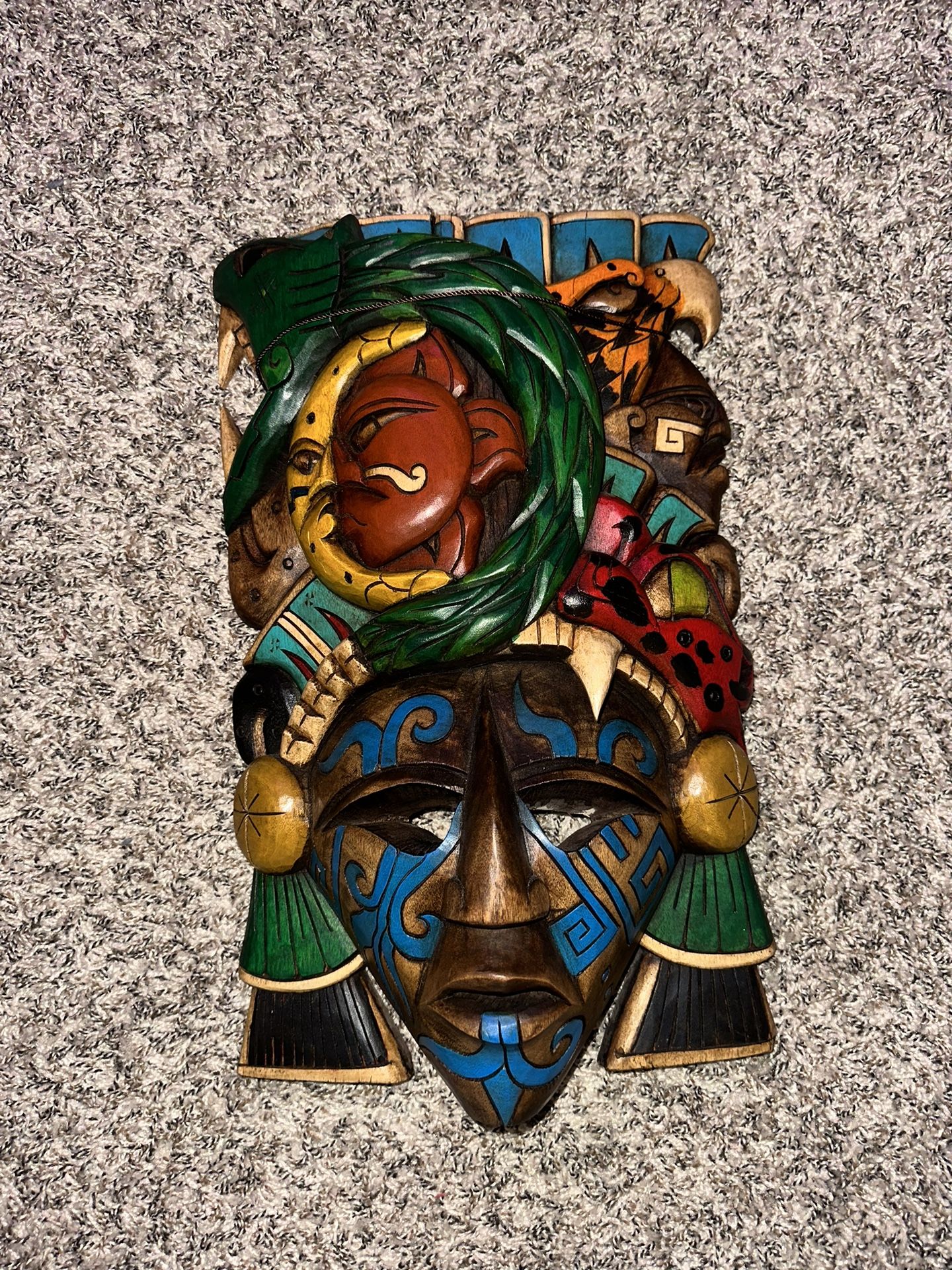Hand carved wooden Mayan mask from Mexico 