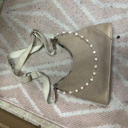 Beige Handbag With Beaded Charm Chain