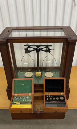 Antique 1900’s solid walnut encased apothecary analytical balance scale by Schaar & Co.