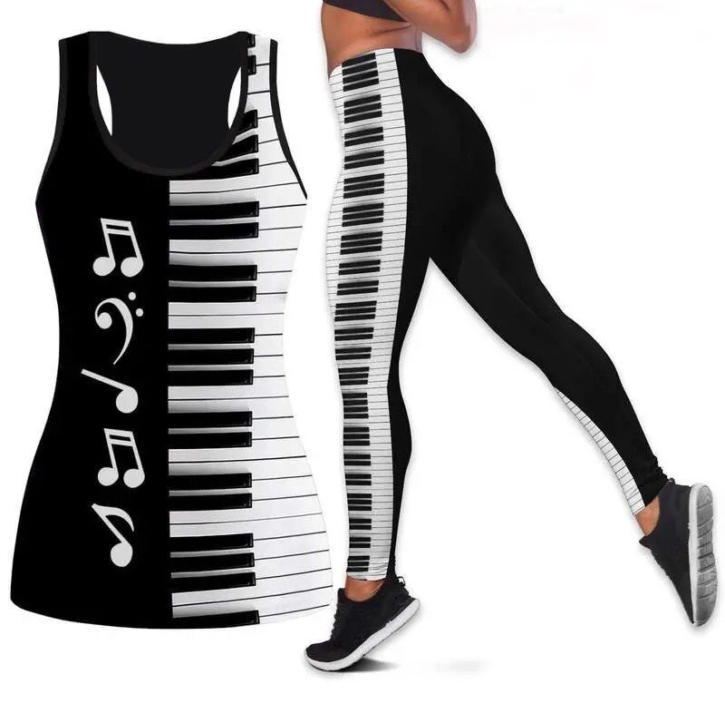 Piano Melody Hollow 3D Print Sleeveless Shirt Summer Vest for Women Yoga Tank Tops Leggings Suit