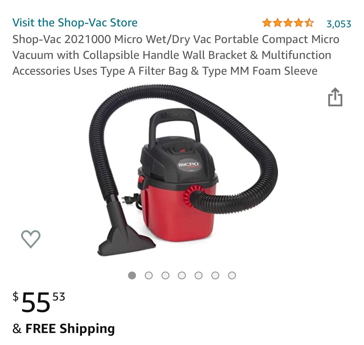 Shop-Vac 2021000 Micro Wet/Dry Vac Portable Compact Micro Vacuum with  Collapsible Handle Wall Bracket & Multifunction Accessories Uses Type A  Filter