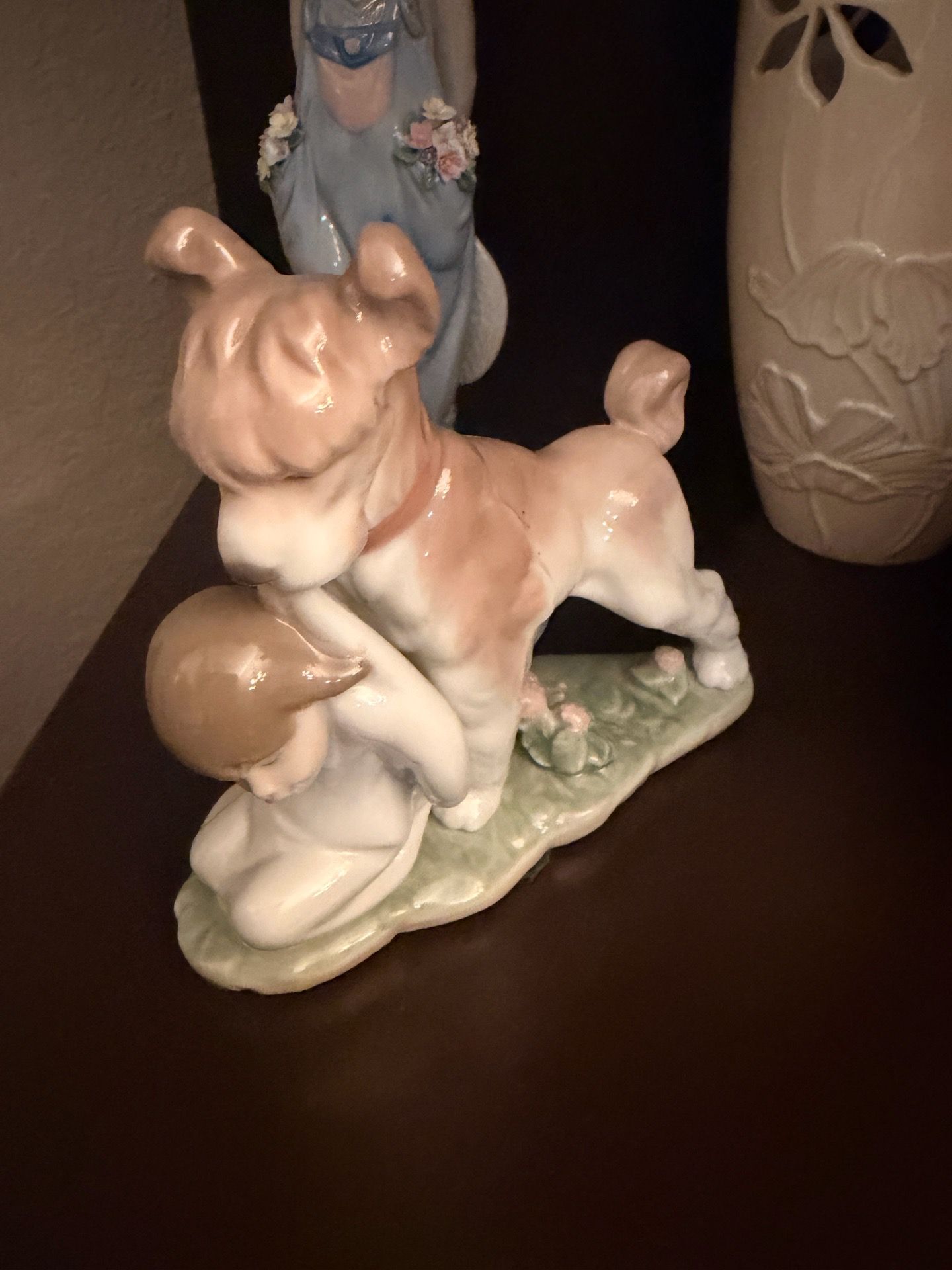 Glossy Porcelain Dog & Child Figurine Statue, White Pink Green