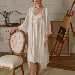 Contrast Lace Cami Night Dress & Robe Size M Victorian Style 