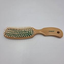 Vtg  Conair 8.5" Wood & Green Cushion Hair Brush Plastic Pins & Ergonomic Handle