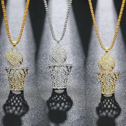 BLING 14k Gold Hiphop Rhinestone Basketball Necklace for Men Boy Women