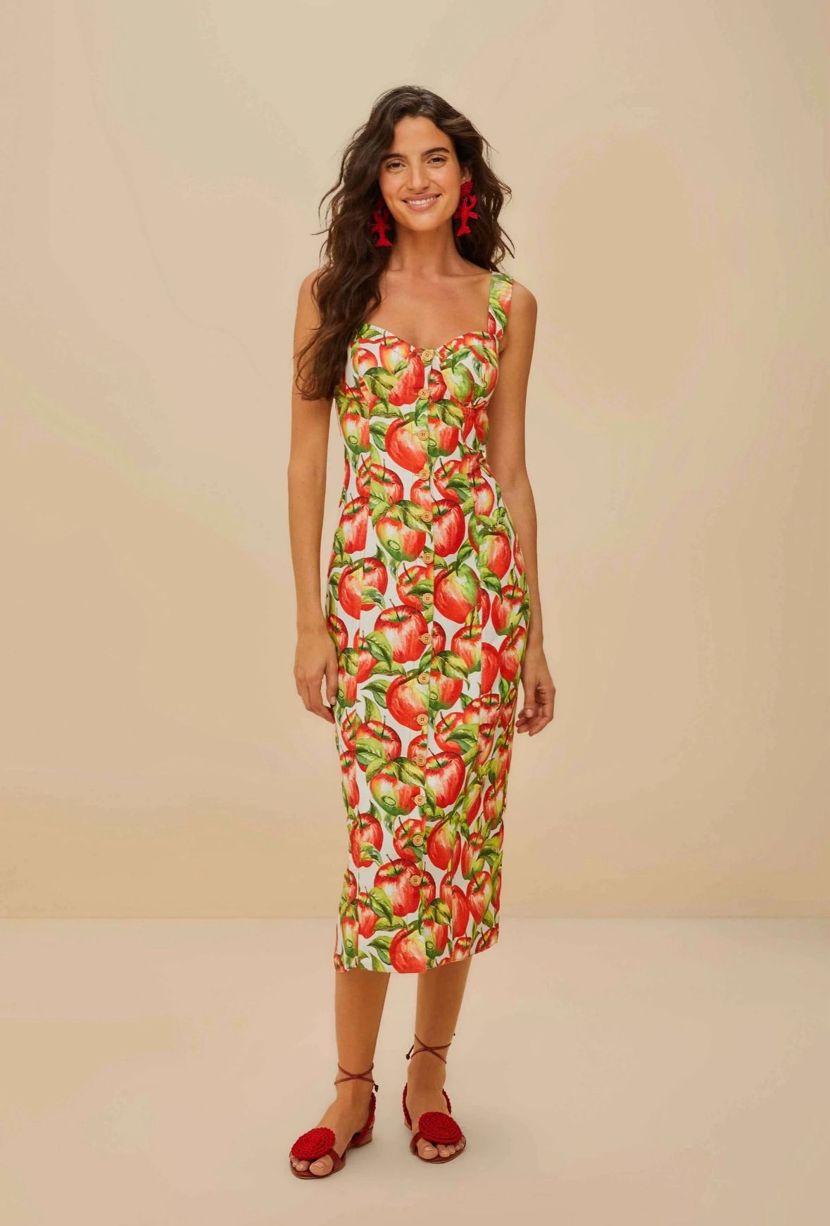 FARM Rio Off-White Apple Print Midi Dress