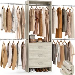 Closet System, Closet Organizer with 3 Wooden Drawers, Closet Organizer System, Walk-in Closet Wardrobe Clothes Rack with 4 Hanging Rods, Garment Rack