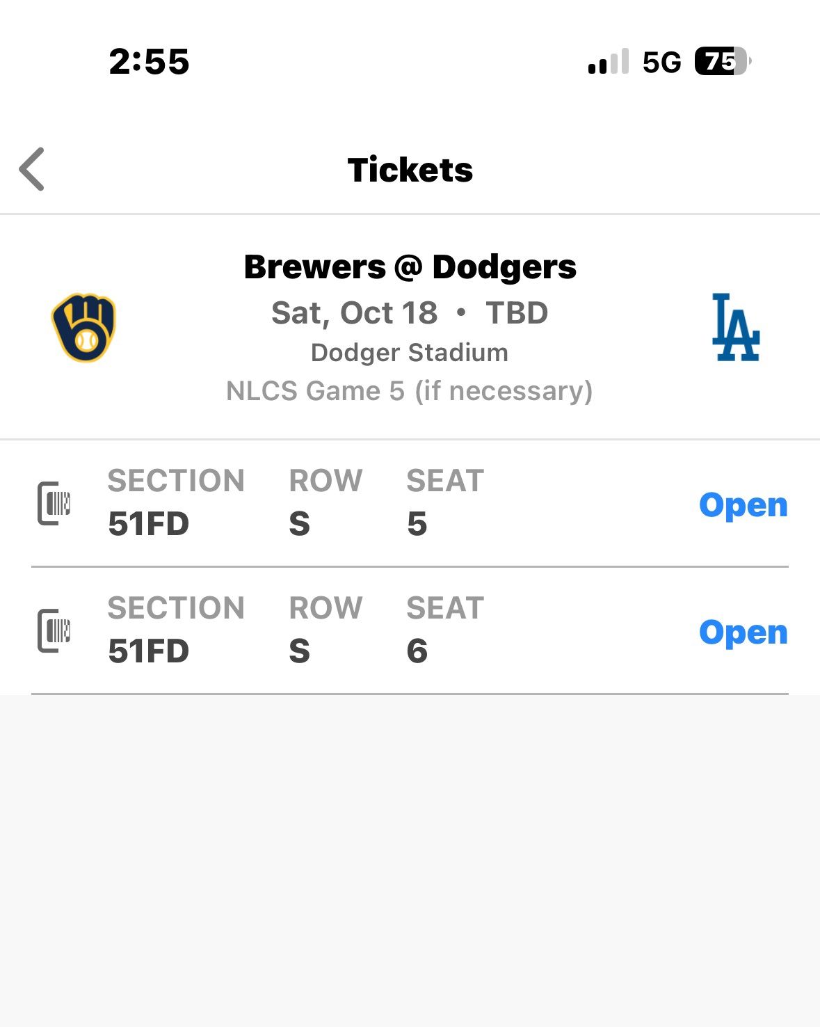 2xDodgers Field NLCS Game 5 Tickets, Saturday Oct 18