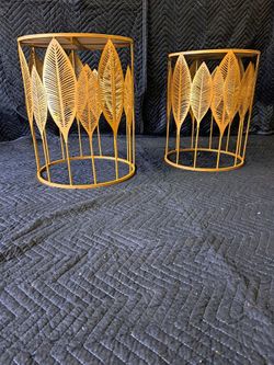 Set of 2 Gold Leaf Accent Tables - Mirrored Tops - Modern Glam