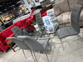 Glass Dining Table with 6 Gray Chairs 🩶🩶🩶