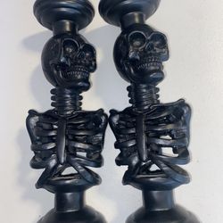 2 black skeleton Light Up candleholders 12 1/2” Ceramic Halloween Decor Figure