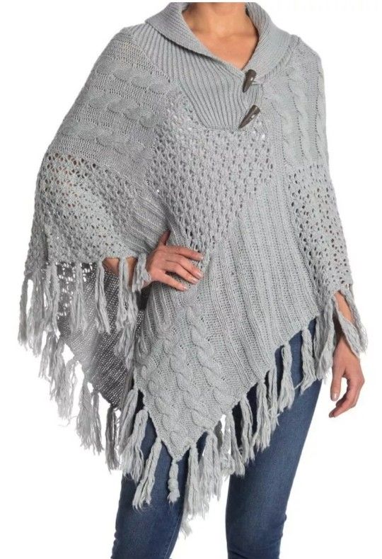 Vertigo Woman's Toggle Fringe Trim Poncho Pearl Grey Sizes