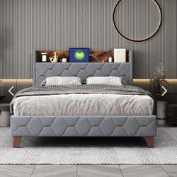 Queen Size Bed Frame With Built In Shelf. USB Ports