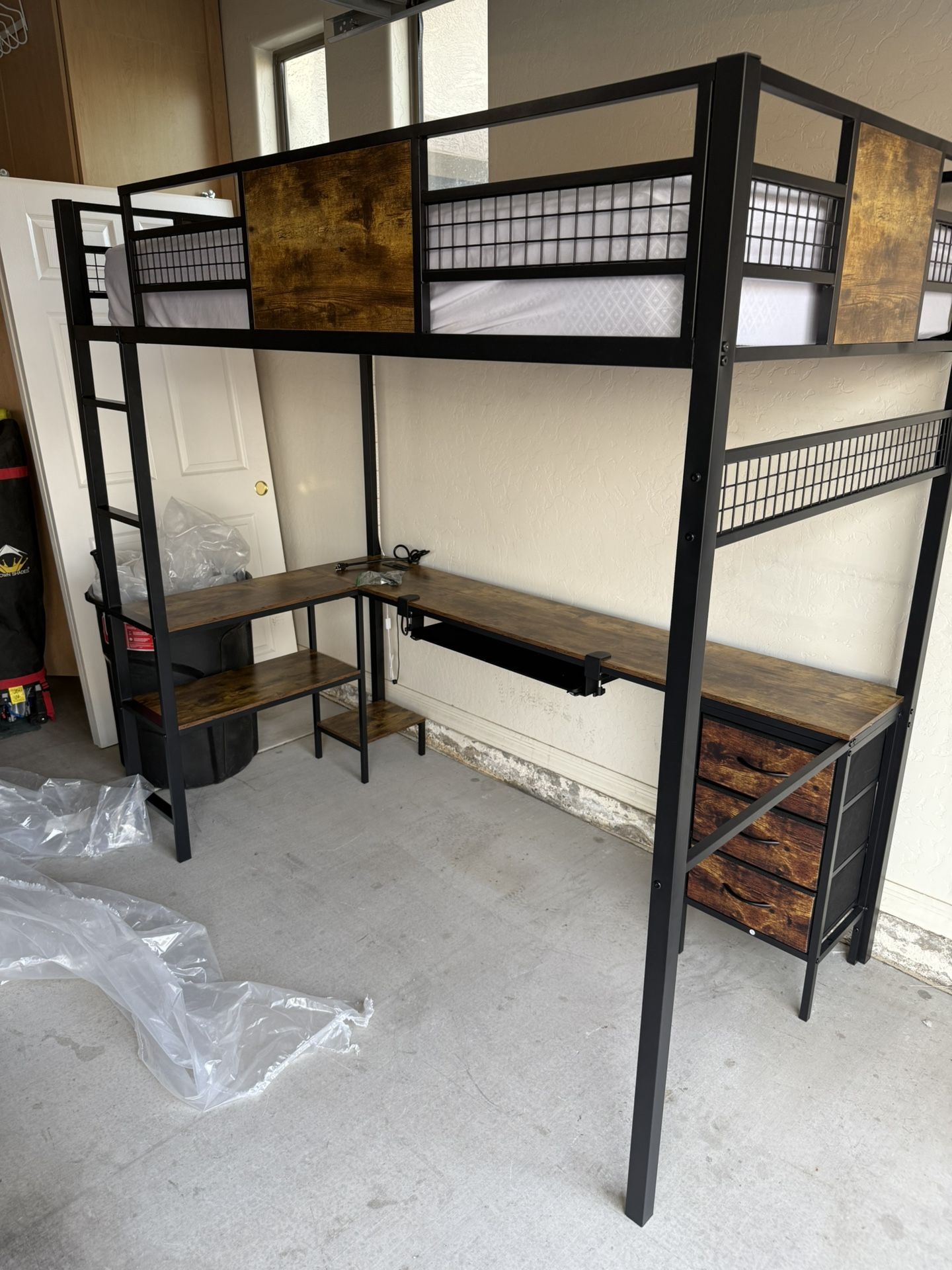 Twin Loft Bed with L-Shaped Desk, Metal Twin Size Bed Frame
