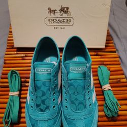Size 8 Coach New in box Emerald Green Logo Canvas and Suede Sneakers, also potentially known as the Coach Yolanda Lace Up Sneaker