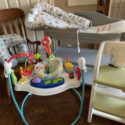 Solid oak rocking chair, Graco Changing Table , Fisher Price Jumper, High chair with seat belt, Boppy Nursing  pillow, portable bed