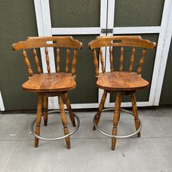 2 Vintage Swivel Wooden Bar Stools - Solid and Sturdy