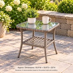 Outdoor Wicker Side Table with Tempered Glass Top