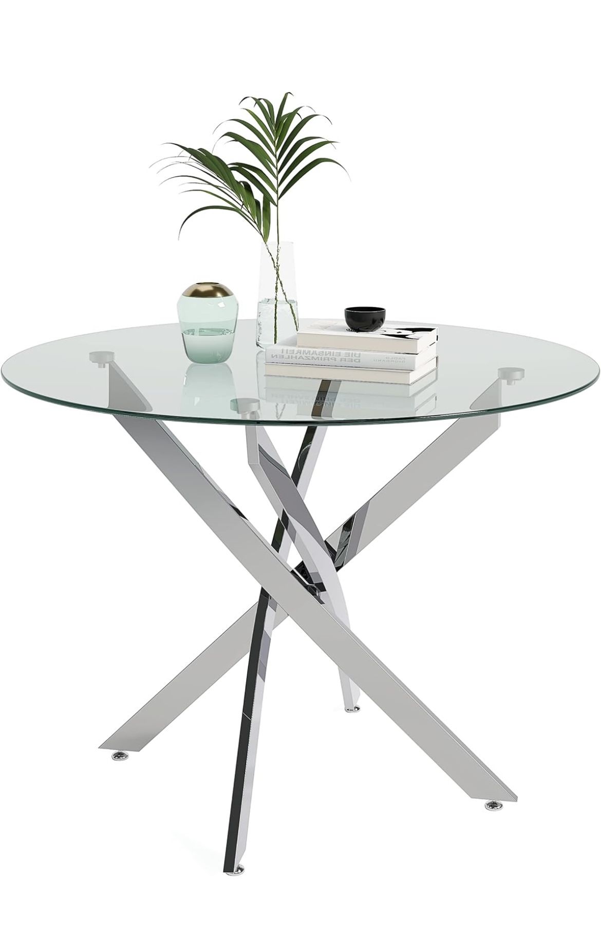 Round Tempered Glass Dining Table for 2-4 with Chromed Legs, 35.5 in Modern Small Kitchen Table for Kitchen Dining Room (White/Silver)