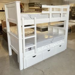 White Twin Twin Bunk Bed W Drawers And Foam Mattresses 