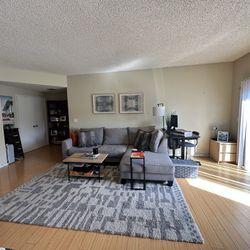 Moving Sale: King Bed Frame Mattress, Sectional, Desk, Dining Table, Stools, Art, Cocktail And Side Tables 