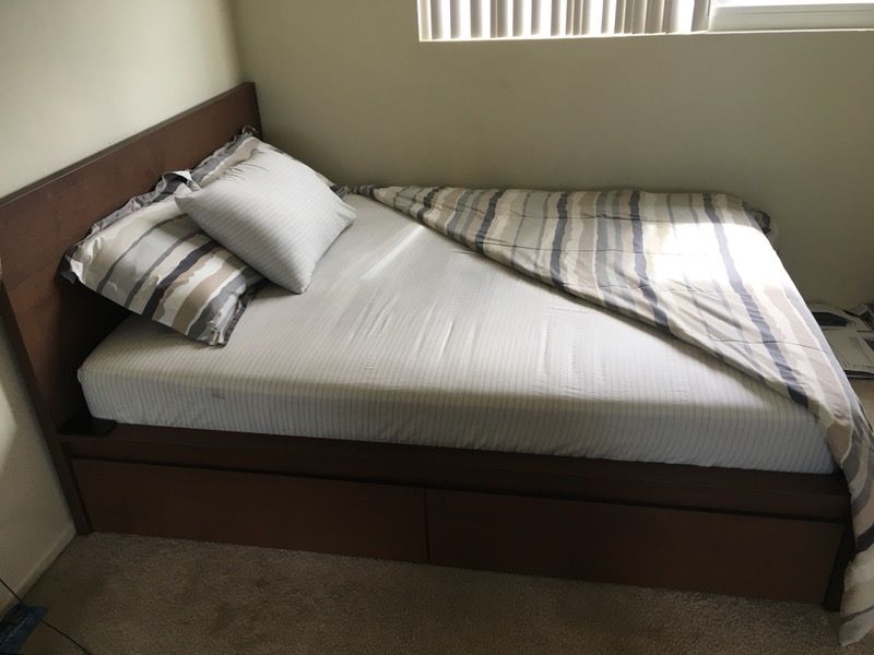 IKEA - Brown Queen bed with two storage drawers + mattress