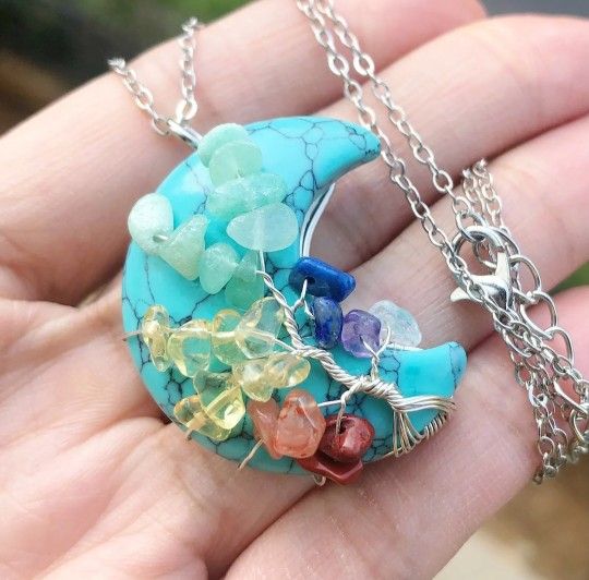 NEW Turquoise Gem Stone Tree Of Life Moon Necklace Chakra Reiki Healing Amulet