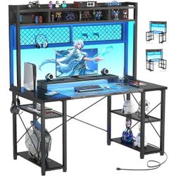 Gaming Desk with Hutch, 47” Magic Computer Desk with LED and Outlets, Reversible Workstation Desk with Pegboard
