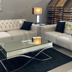 ❤️❤️❤️$39 Down with Financing gets this brand new beautiful beige glam sofa and loveseat set! Cash prices: sofa $1119, loveseat $759, chair $535. Zero