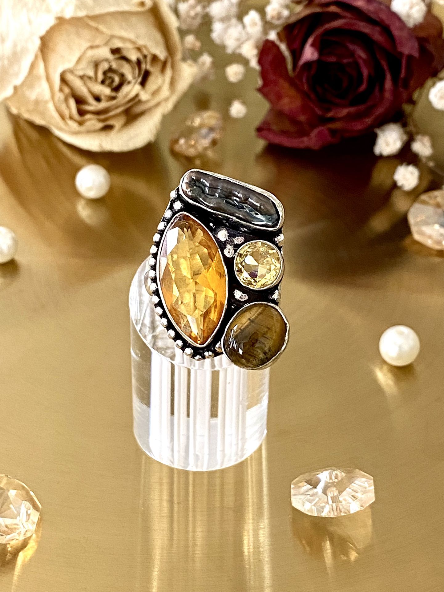 Whisky Citrine, Biwa Pearl And Tiger Eye 925 Sterling Silver Overlay Ring Size 6.75
