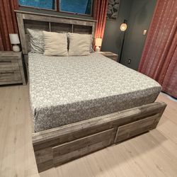 Queen Bed Frame Set With Side Tables And Drawer Storage