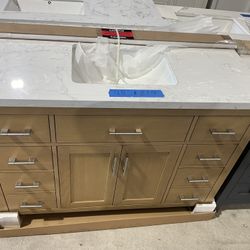 48” Bathroom Vanity in teak , single sink soft close solid wood with vanity top in white  $819  Luke’s liquidations warehouse Address:  2434 N Forsyth