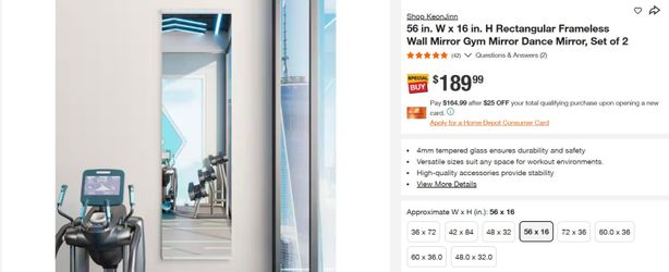 Rectangular Frameless Wall Mirror Gym Mirror Dance Mirror, Set of 2
