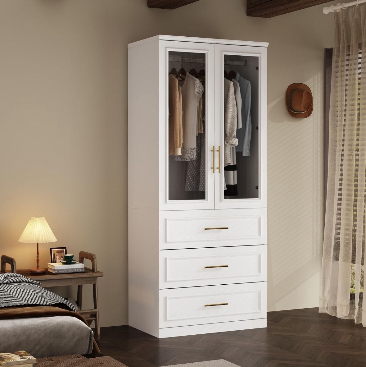 Airmoire Wardrobe 2 Glass Doors, 3 Drawers in White 