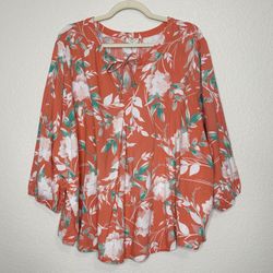 St. John’s Bay Orange Boho Floral 3/4 Sleeves Tunic Top