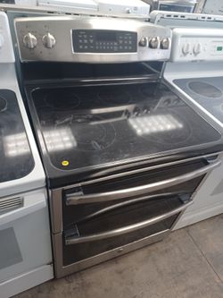 GE STAINLESS STEEL ELECTRIC GLASSTOP STOVE DOUBLE OVEN
