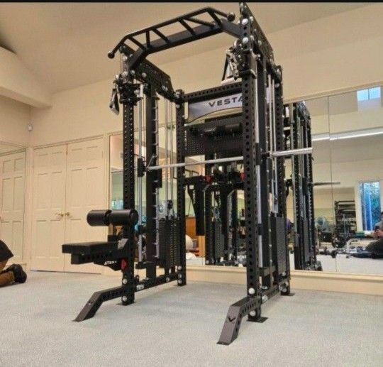 NEW Squat Rack Smith Machine Functional Trainer Cable Cross Over  Adjustable Bench Press 45lb Barbell Bumper Plates Home Gym 
