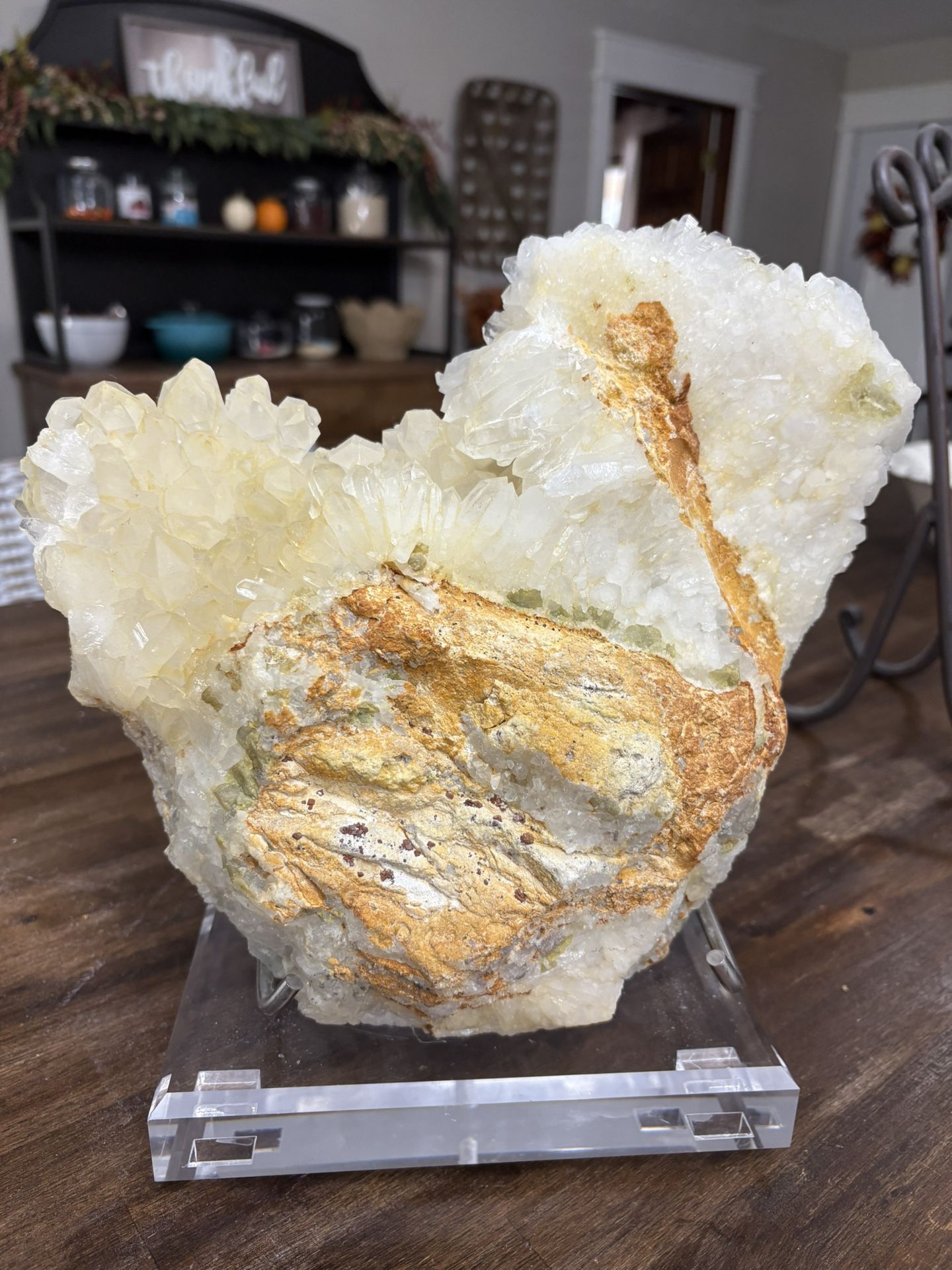 Large yellow calcite with epidote and clear quartz specimen with stand