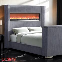 Queen Bed Frame With Fireplace Display And TV Lift