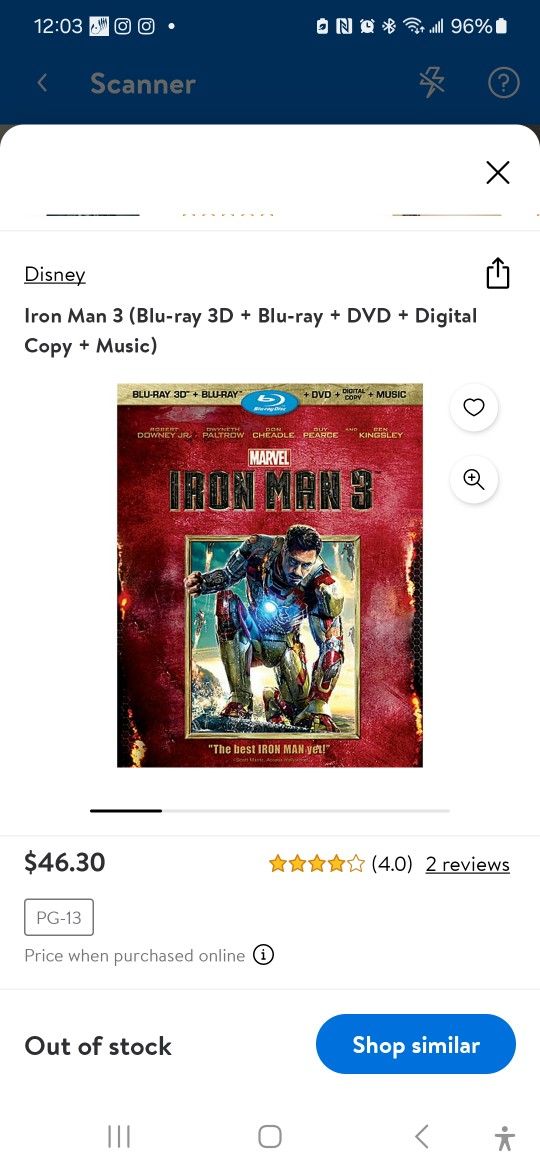 MARVEL IRON MAN 3 BLUE-RAY 3D + BLUE-RAY +DVD+DIGITAL COPY +MUSIC