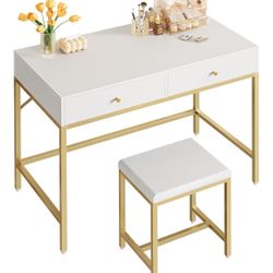 White and Gold Desk with 2 Drawers, Modern Makeup Vanity with Padded Stool, Small Computer Desk Home Office Desk for Writing Study Bedroom